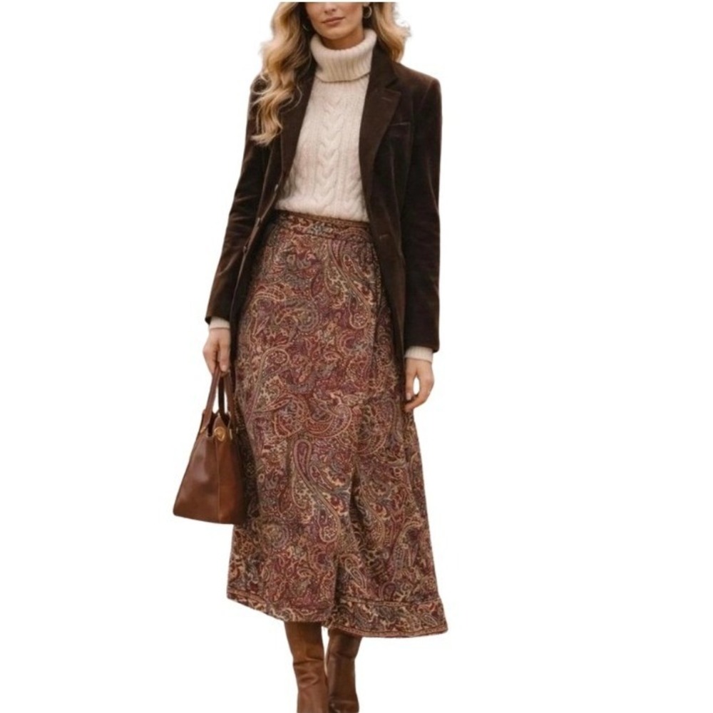 Talbots Petites Silk Maxi Skirt 14P Burgundy Paisley Print Lined Boho Classic
